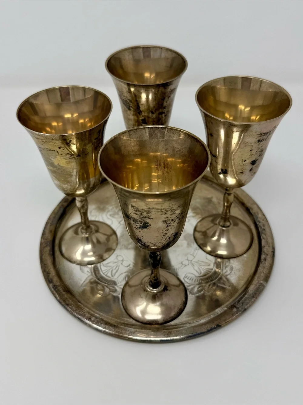 Vintage Set of 4 Silver - Plated Brass Goblets Chalices – Made in India – Patina